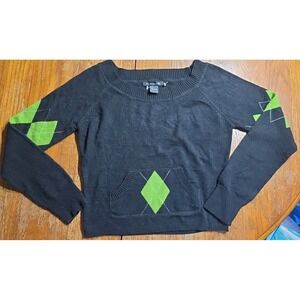 52 Weekends Y2K Hot Argyle Sweater‎ Wide Neck Black Preppy Acadamia Womens Jrs L